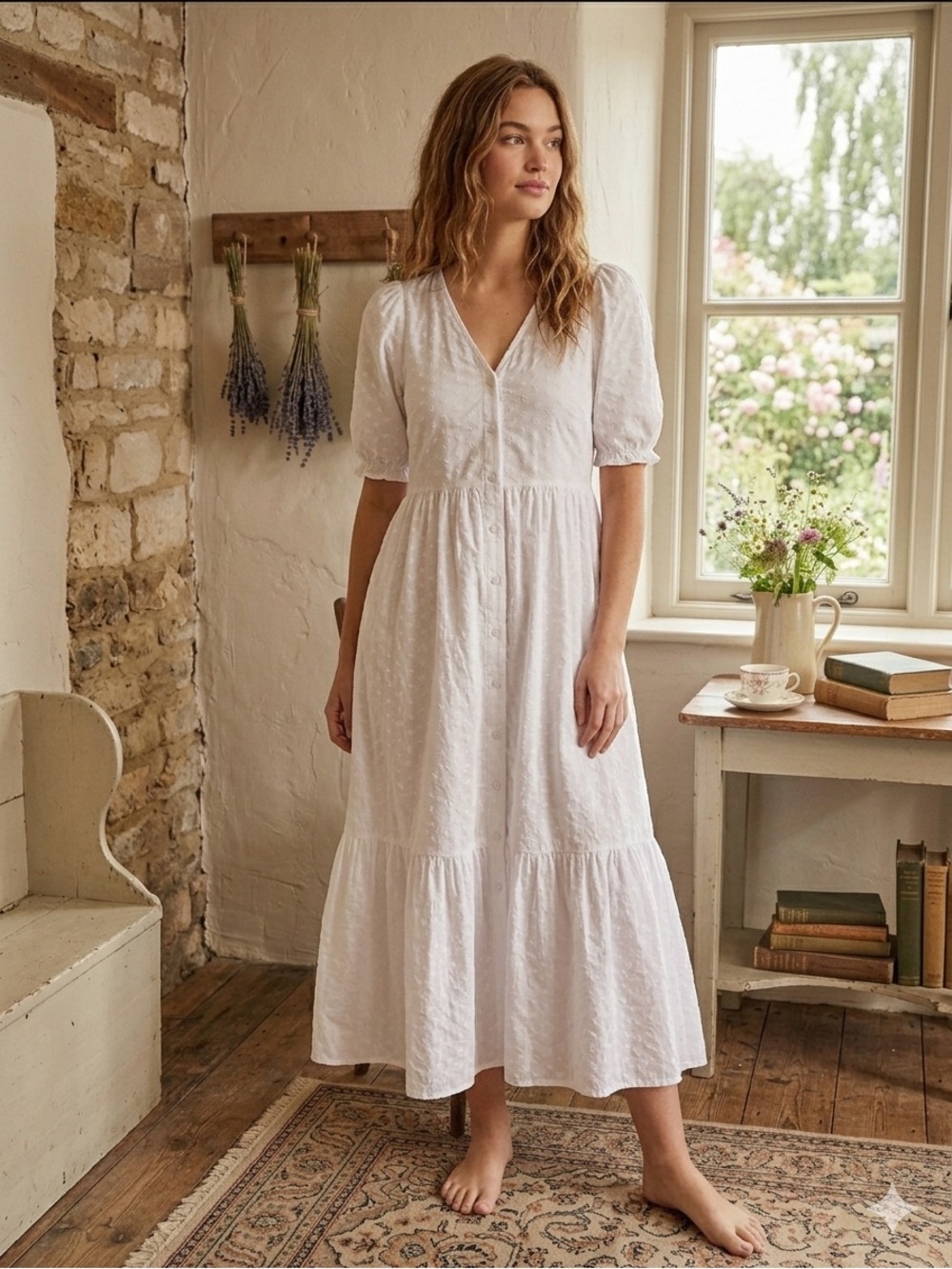 100% Cottom Eyelet White Maxi Dress Button Down